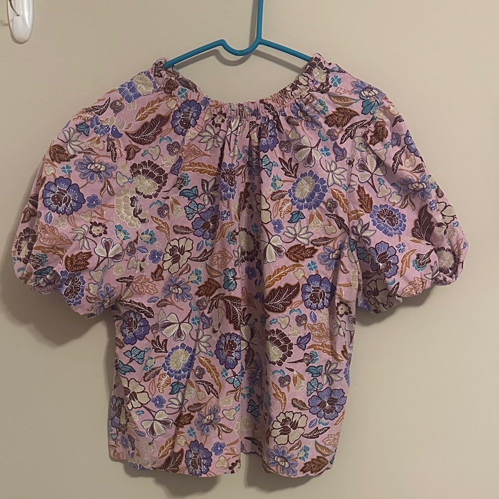 Ann Taylor Floral Puff Sleeve Blouse - Pink and Blue